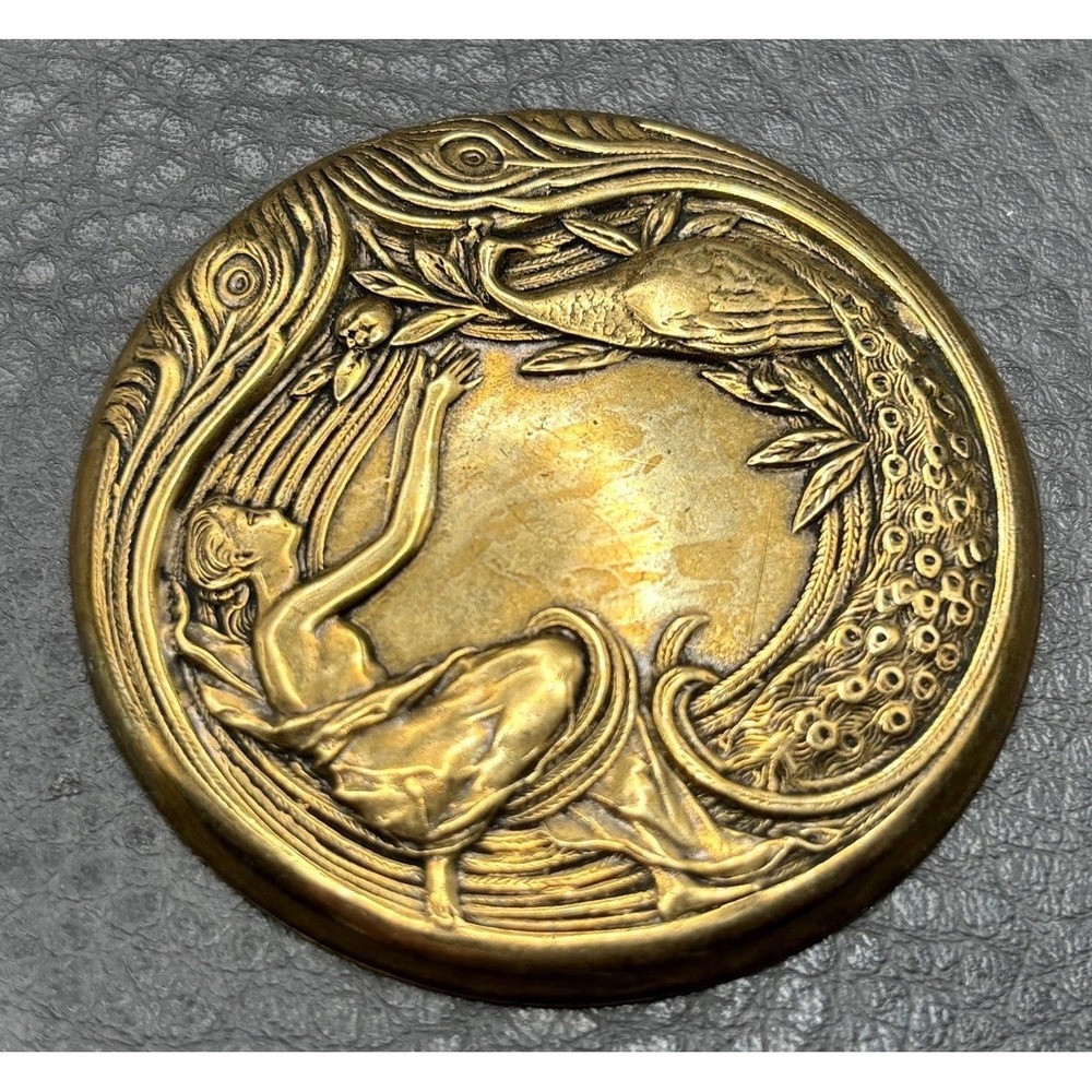 Vintage Art Nouveau Style Lady Peacock Brass Tone Brooch Pin - Picture 2 of 10
